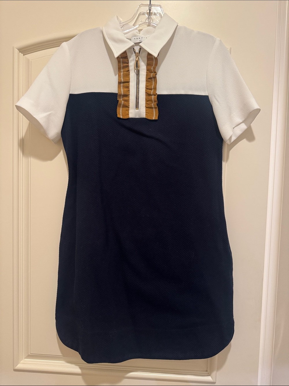 Sandro Girls White & Navy Colorblock Polo Dress with Tan Zip Trim